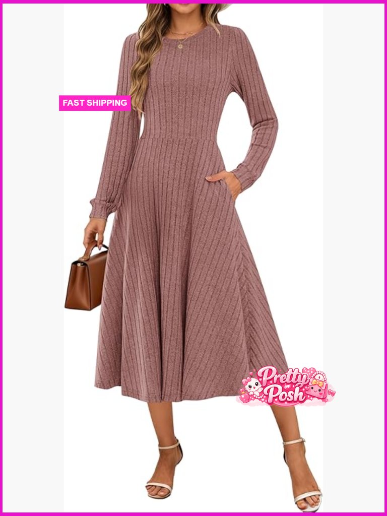 Long Sleeve Ribbed Knit Midi Sweater Dress With Pockets